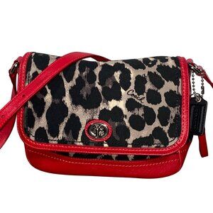Coach Red Leather & Animal Print canvas Crossbody Bag F2410S Y2K colorful